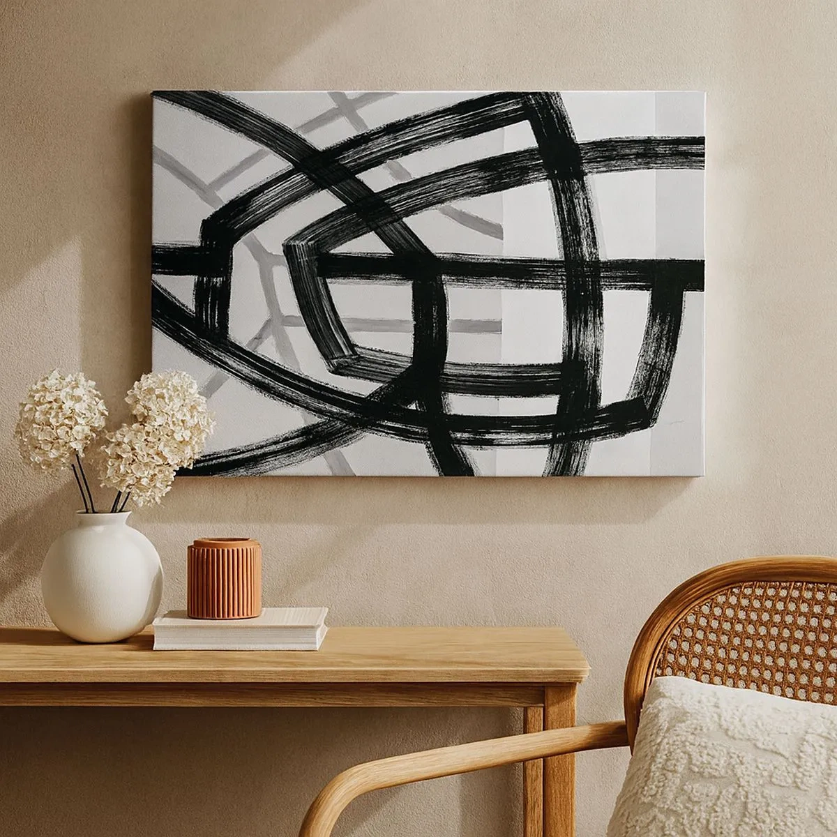 Quadro su tela - Stampe su Tela - Linee astratte in bianco e nero che si intersecano su uno sfondo chiaro - 70x50cm - Costruendo la profondità - Decorazione murale moderna per soggiorno e camera da letto ARTTOR