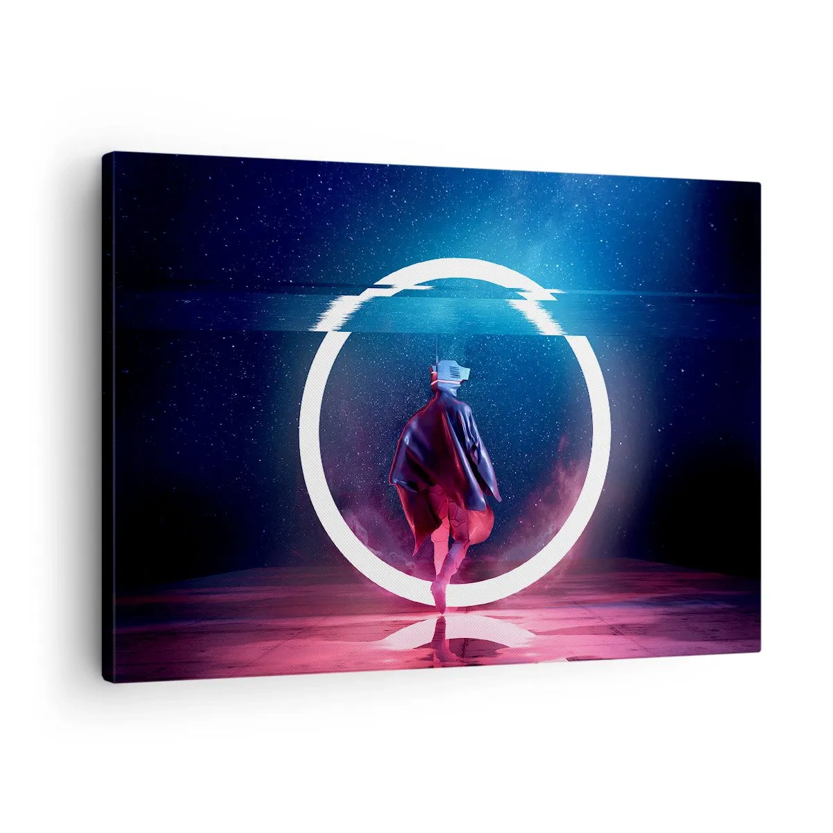 Quadro su tela - Stampe su Tela - Un personaggio in un ambiente futuristico con un cerchio al neon - 70x50cm - Tra due mondi - Decorazione murale moderna per soggiorno e camera da letto ARTTOR