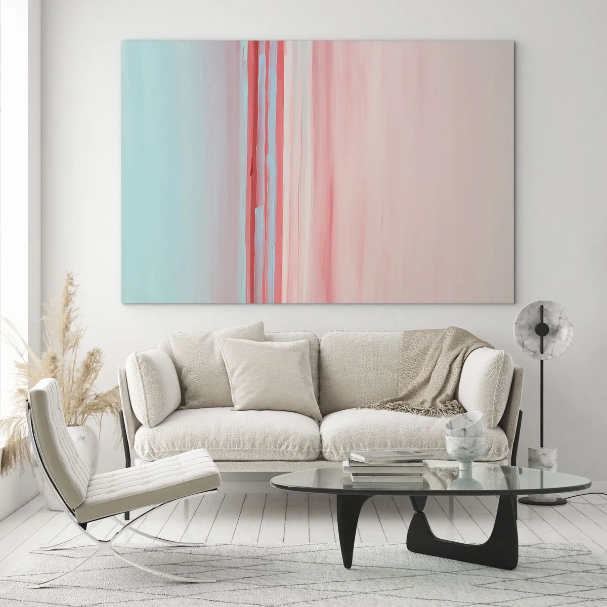 Quadro su vetro - Righe verticali in tonalità pastello di rosa e blu - 70x50cm - Astrazione all'alba - Decorazione murale moderna per soggiorno e camera da letto ARTTOR