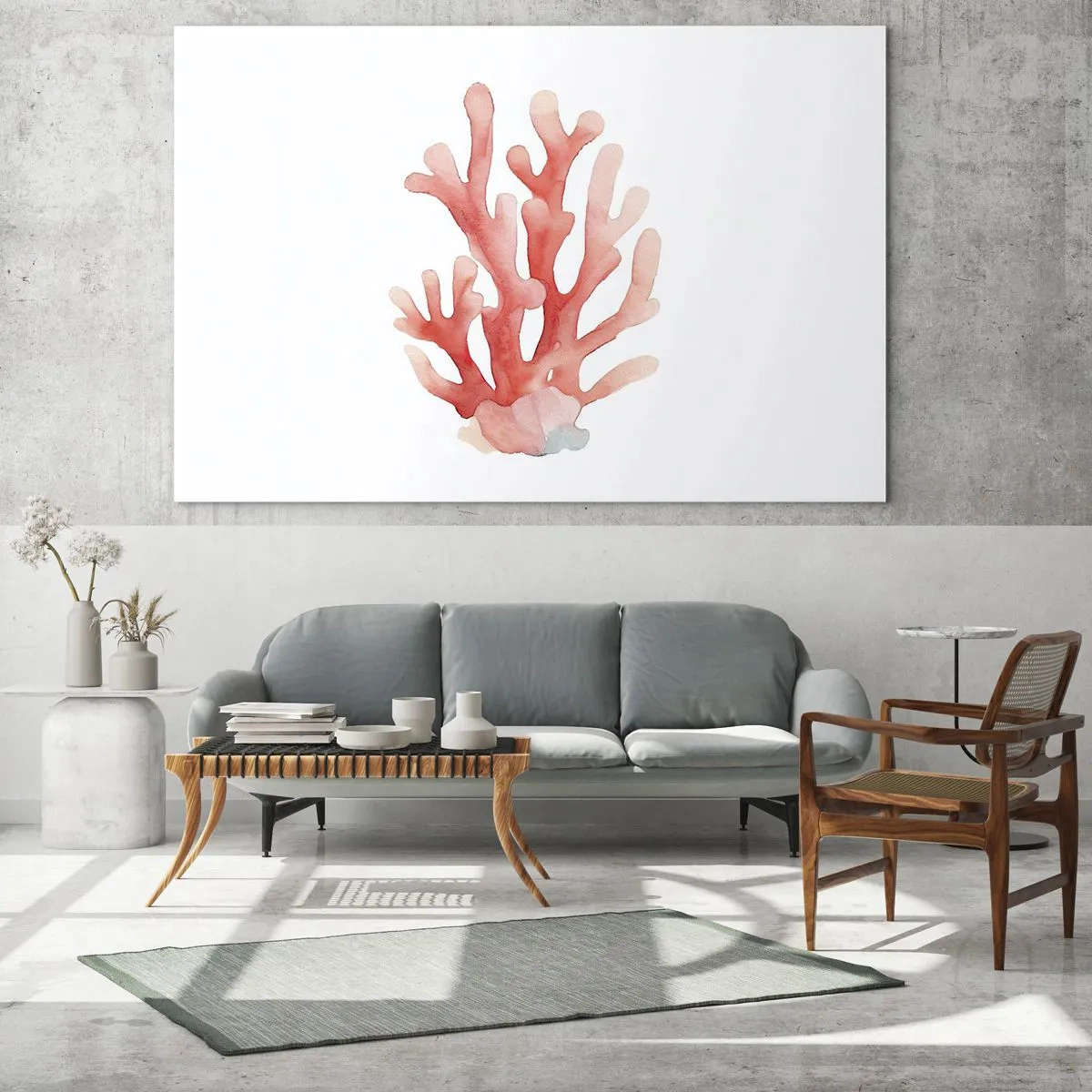 Quadro su vetro - Acquerello corallo rosa su sfondo bianco - 70x50cm - Corallo color corallo - Decorazione murale moderna per soggiorno e camera da letto ARTTOR