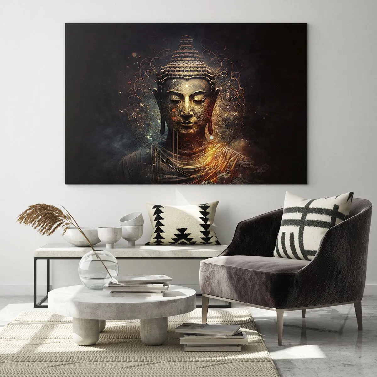 Quadro su vetro - Una figura dorata del Buddha su uno sfondo scuro con ornamenti - 70x50cm - Equilibrio spirituale - Decorazione murale moderna per soggiorno e camera da letto ARTTOR