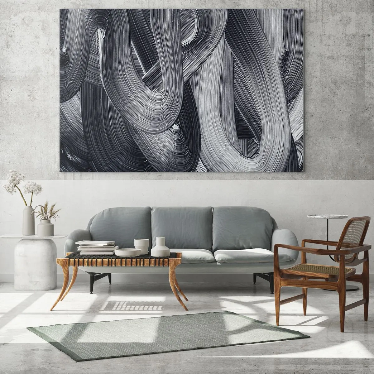 Quadro su vetro - Pennellate astratte in tonalità di nero e grigio - 70x50cm - La fluidità della realtà - Decorazione murale moderna per soggiorno e camera da letto ARTTOR