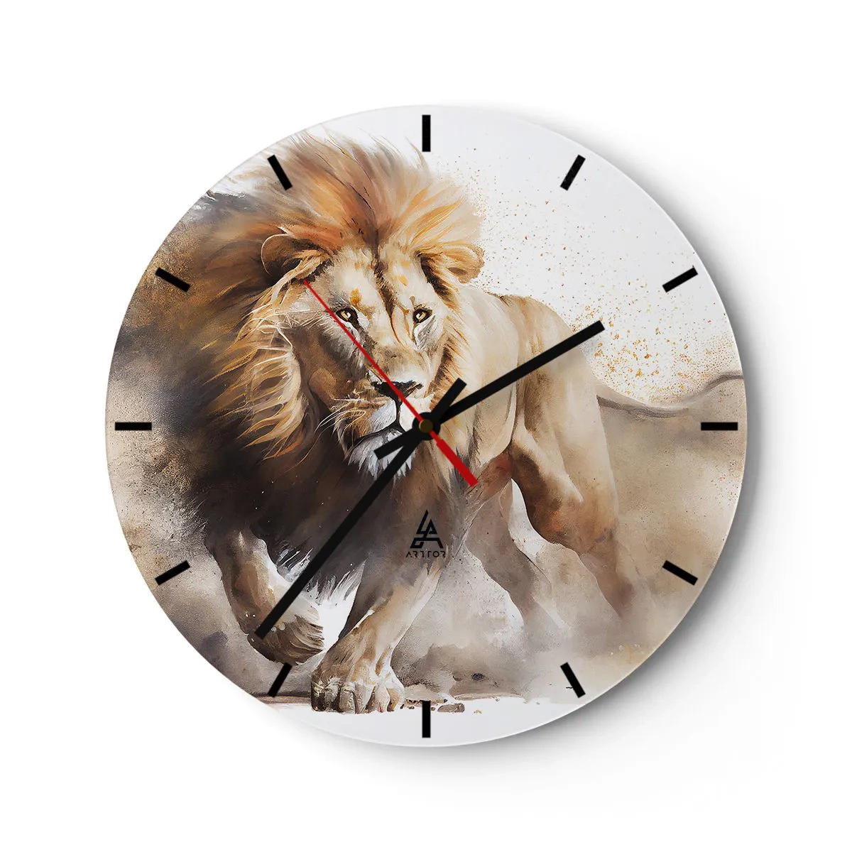 Orologio da parete - Orologio in Vetro - Ripresa dinamica di un leone in movimento su uno sfondo bianco con effetto polvere. - 30x30cm - Il re si è mosso - Decorazione murale moderna per soggiorno, cucina e camera da letto ARTTOR