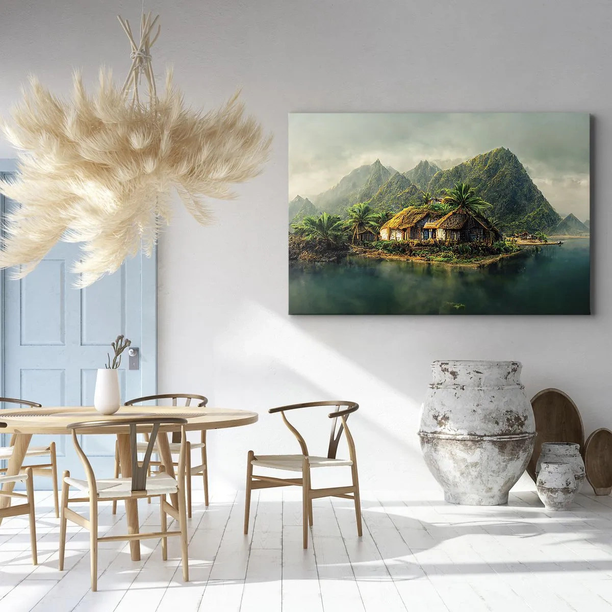 Quadro su tela - Stampe su Tela - Un'isola tropicale con palme e montagne sullo sfondo - 70x50cm - Paradiso tropicale - Decorazione murale moderna per soggiorno e camera da letto ARTTOR