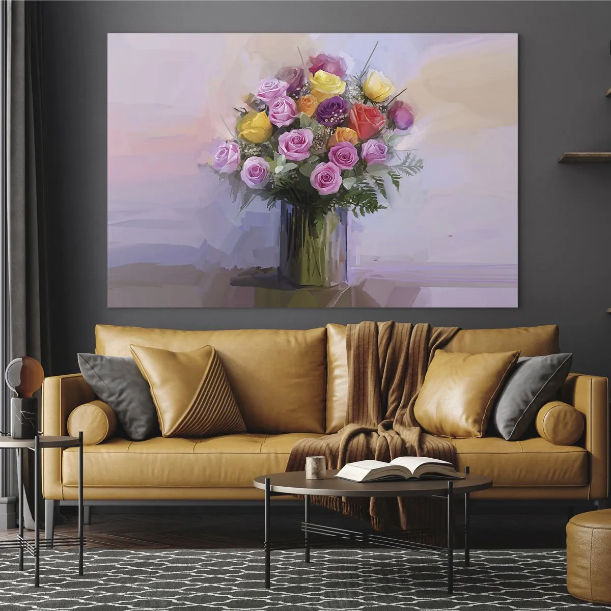 Quadro su vetro - Un mazzo di rose in un vaso di vetro su uno sfondo pastello - 70x50cm - Bellezza immobile - Decorazione murale moderna per soggiorno e camera da letto ARTTOR