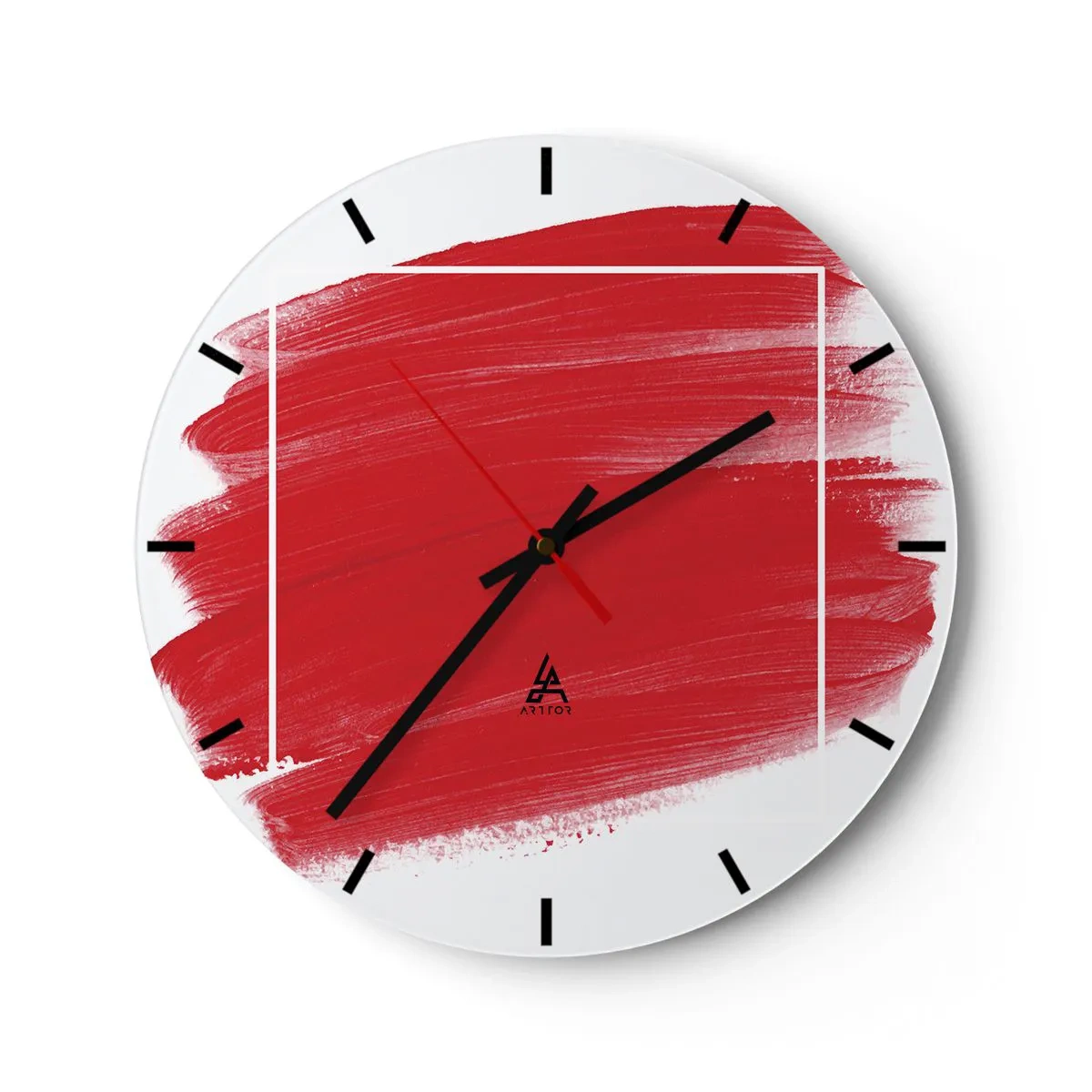 Orologio da parete - Orologio in Vetro - Pennellata rossa che attraversa un bordo bianco - 30x30cm - Fuori dagli schemi - Decorazione murale moderna per soggiorno, cucina e camera da letto ARTTOR