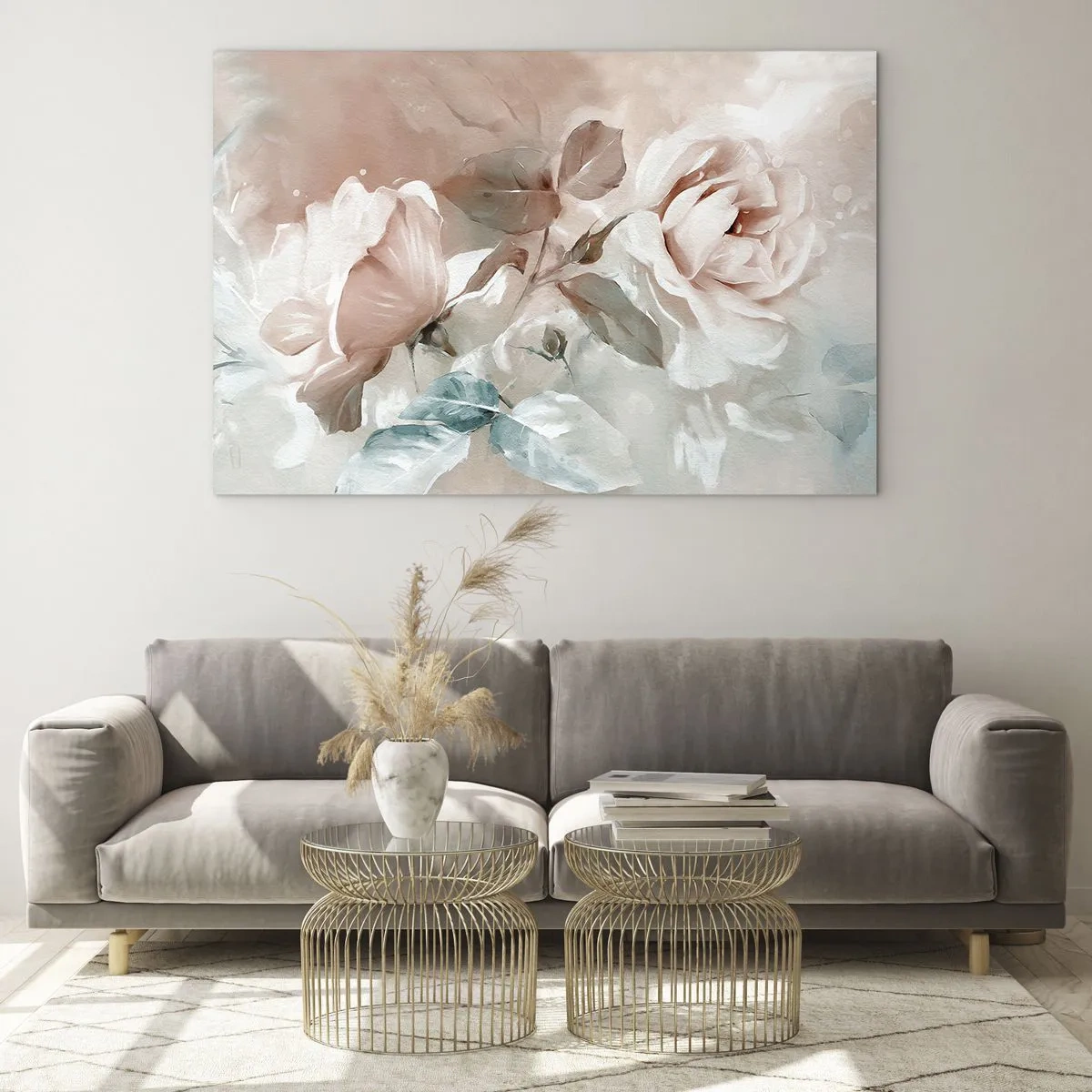 Quadro su vetro - Delicate rose pastello acquerellate su uno sfondo chiaro - 70x50cm - Lo spirito del romanticismo - Decorazione murale moderna per soggiorno e camera da letto ARTTOR