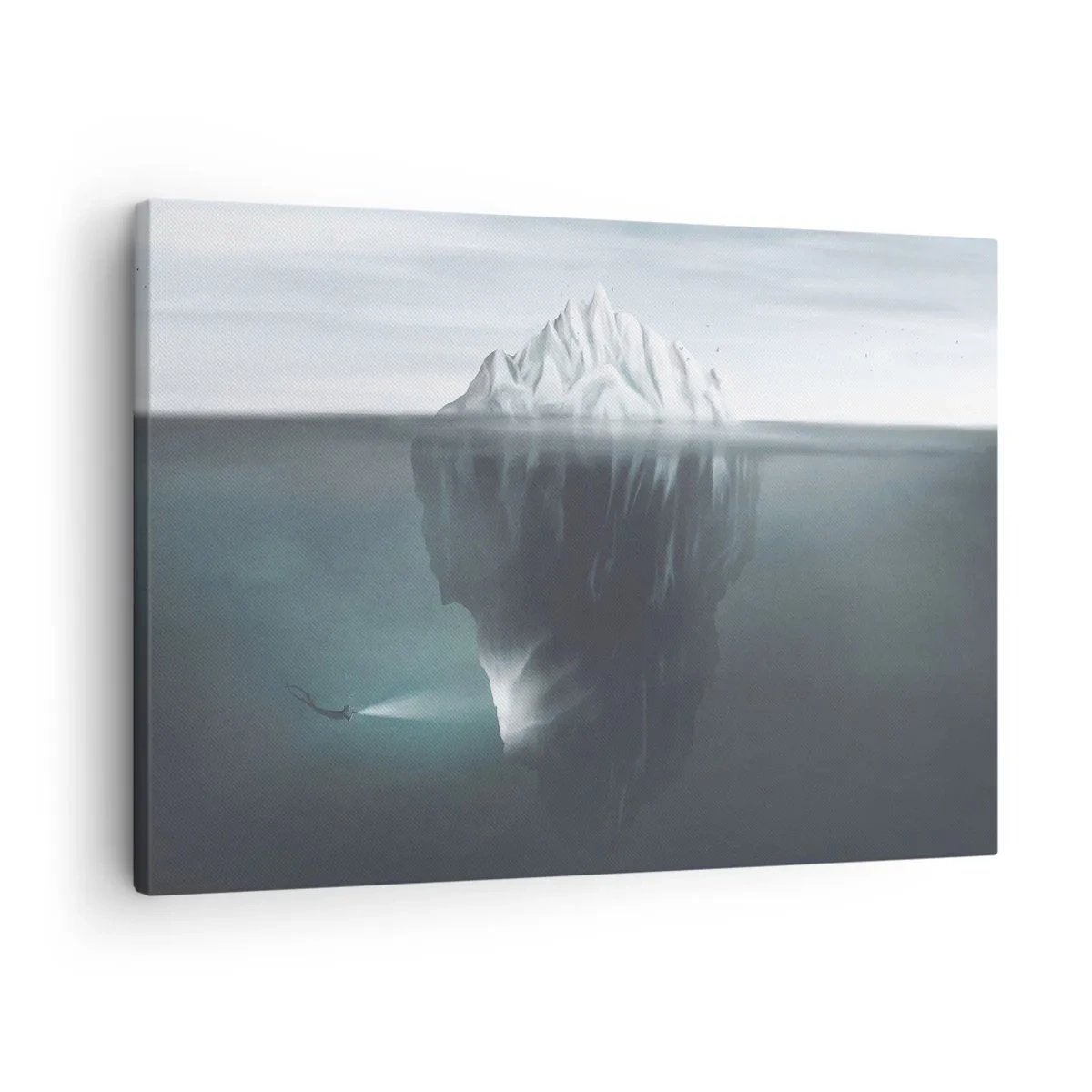 Quadro su tela - Stampe su Tela - Un iceberg in acqua con un sub e un riflettore sotto la superficie. - 70x50cm - Mistero sottomarino - Decorazione murale moderna per soggiorno e camera da letto ARTTOR