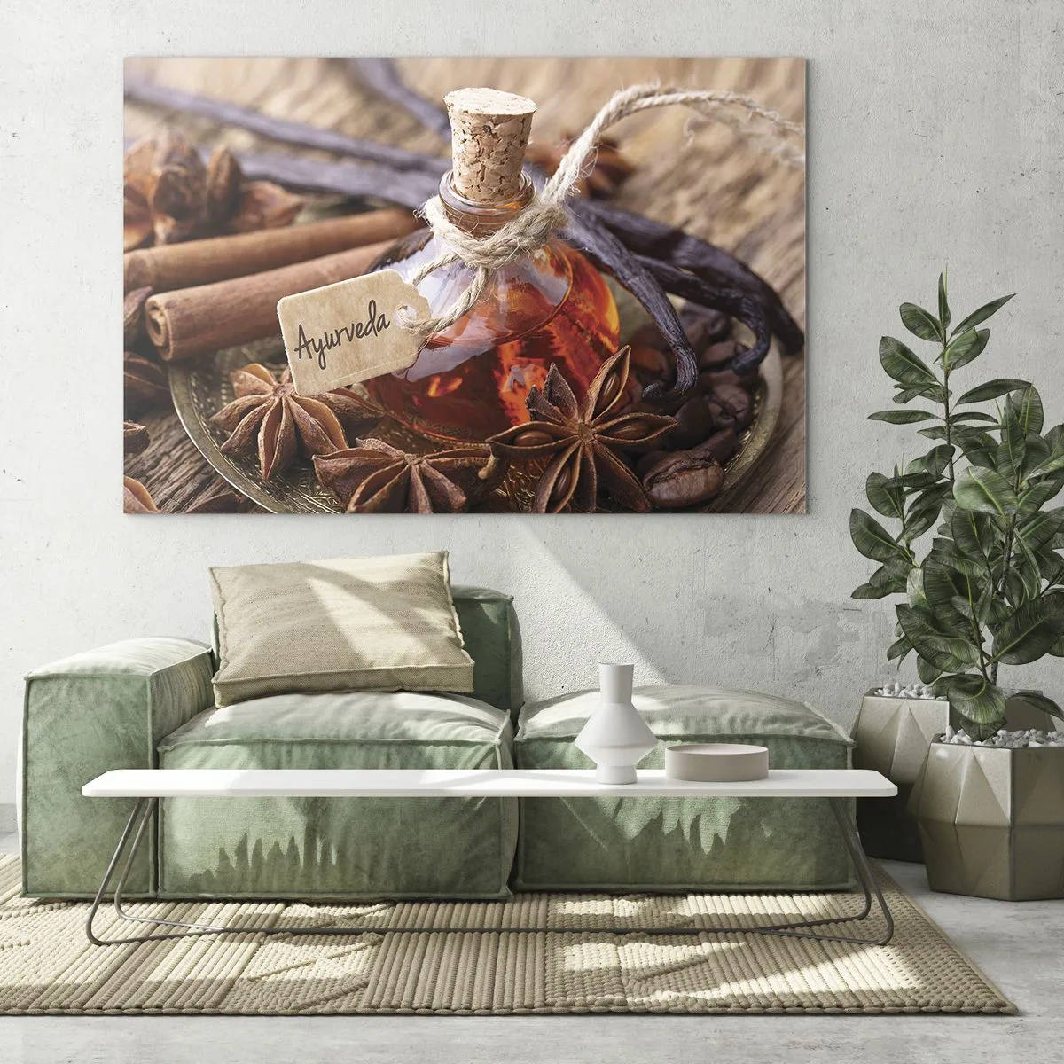 Quadro su vetro - Bottiglia di olio e spezie in stile ayurvedico - 70x50cm - Verso l'unità del corpo e dell'anima - Decorazione murale moderna per soggiorno e camera da letto ARTTOR