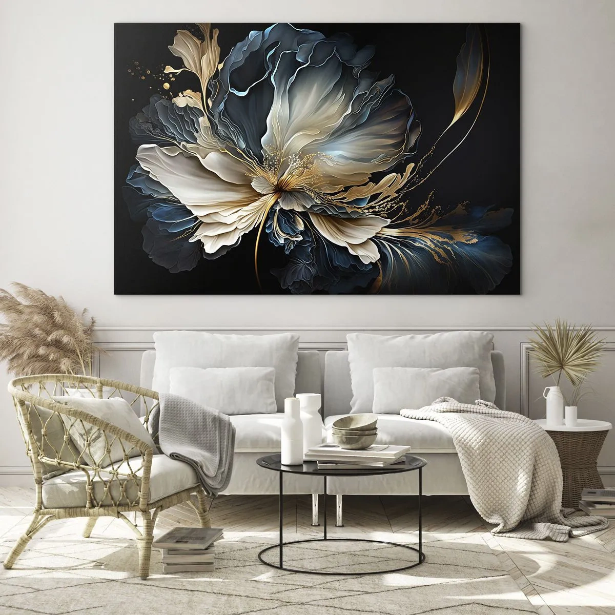 Quadro su vetro - Un fiore elegante nei toni dell'oro, del blu navy e del beige su nero - 70x50cm - Fantastico fiore di felce - Decorazione murale moderna per soggiorno e camera da letto ARTTOR