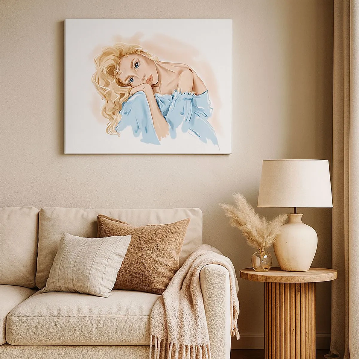 Quadro su tela - Stampe su Tela - Ritratto di una donna in abito blu con capelli biondi - 70x50cm - Sognante nel blu - Decorazione murale moderna per soggiorno e camera da letto ARTTOR