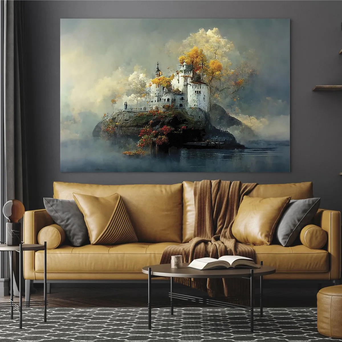 Quadro su vetro - Un castello su una roccia circondato da nebbia e alberi autunnali - 70x50cm - Inizio di una storia romantica - Decorazione murale moderna per soggiorno e camera da letto ARTTOR