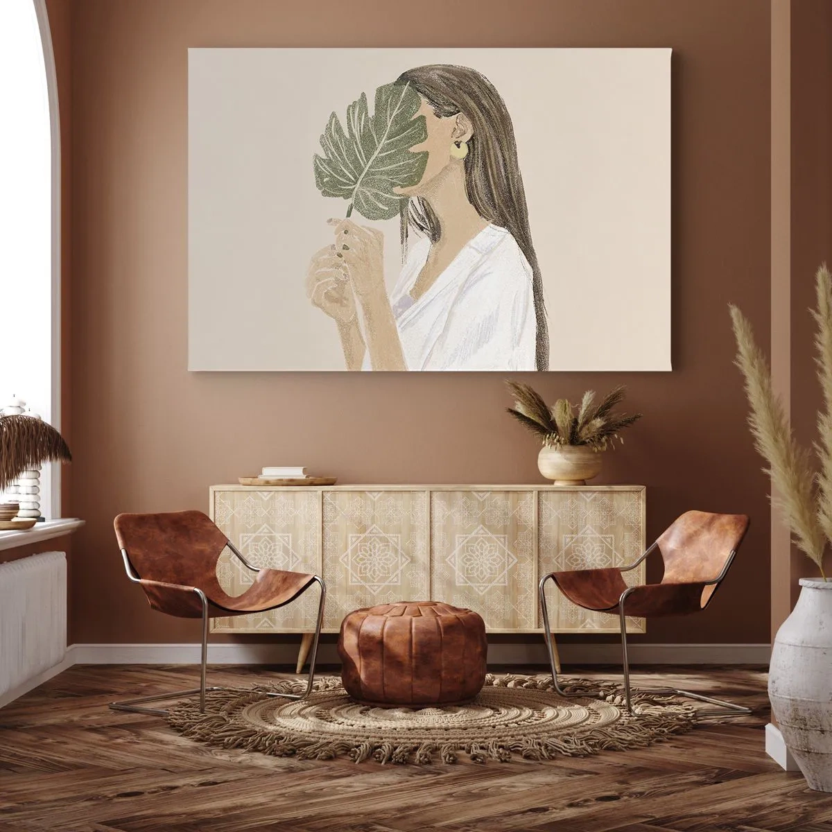 Quadro su tela - Stampe su Tela - Ritratto di una donna con una foglia di monstera su uno sfondo beige - 70x50cm - Misterioso ritratto con ventaglio - Decorazione murale moderna per soggiorno e camera da letto ARTTOR