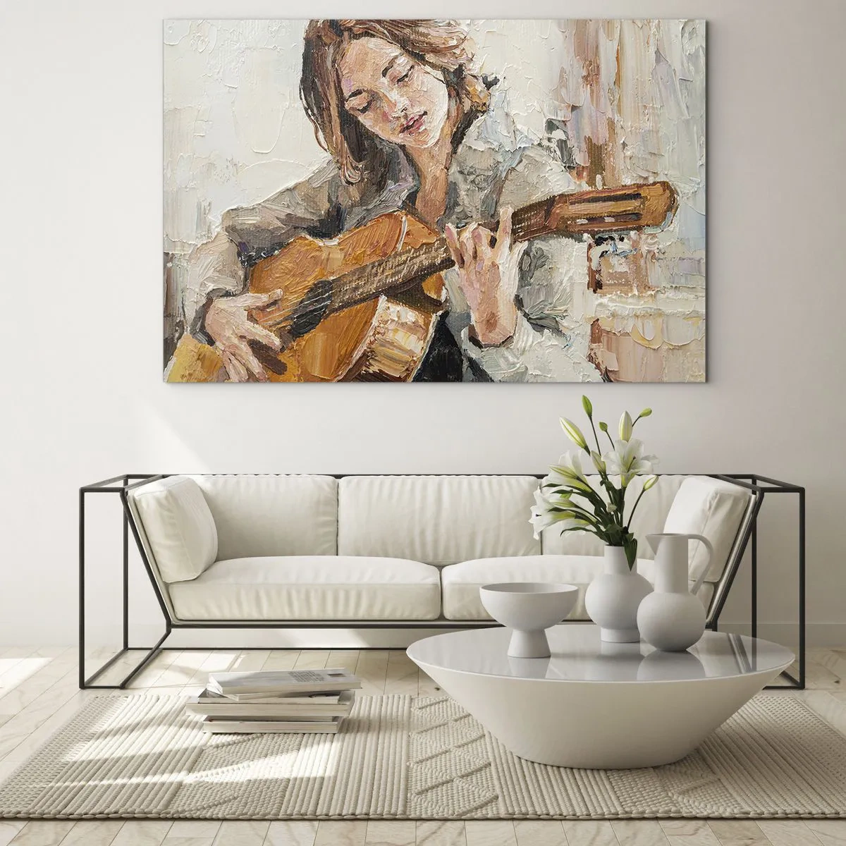 Quadro su vetro - Una ragazza che suona la chitarra in stile impressionista - 70x50cm - Concerto per chitarra e cuore di ragazza - Decorazione murale moderna per soggiorno e camera da letto ARTTOR