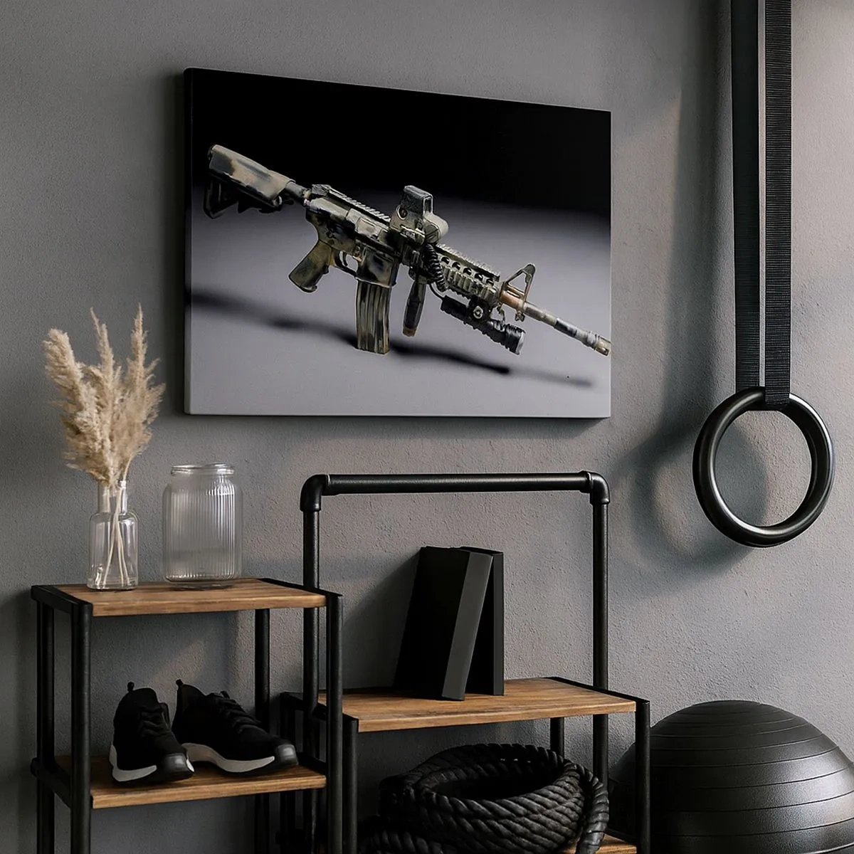 Quadro su tela - Stampe su Tela - Arma moderna in colore mimetico su sfondo scuro - 70x50cm - Sempre minaccioso - Decorazione murale moderna per soggiorno e camera da letto ARTTOR