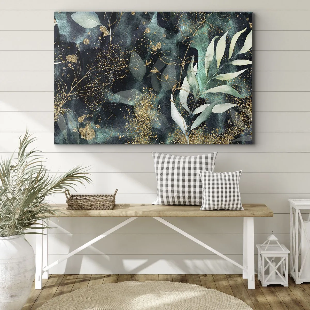 Quadro su tela - Stampe su Tela - Eleganti foglie su sfondo scuro con accenti dorati - 70x50cm - Il giardino incantato - Decorazione murale moderna per soggiorno e camera da letto ARTTOR