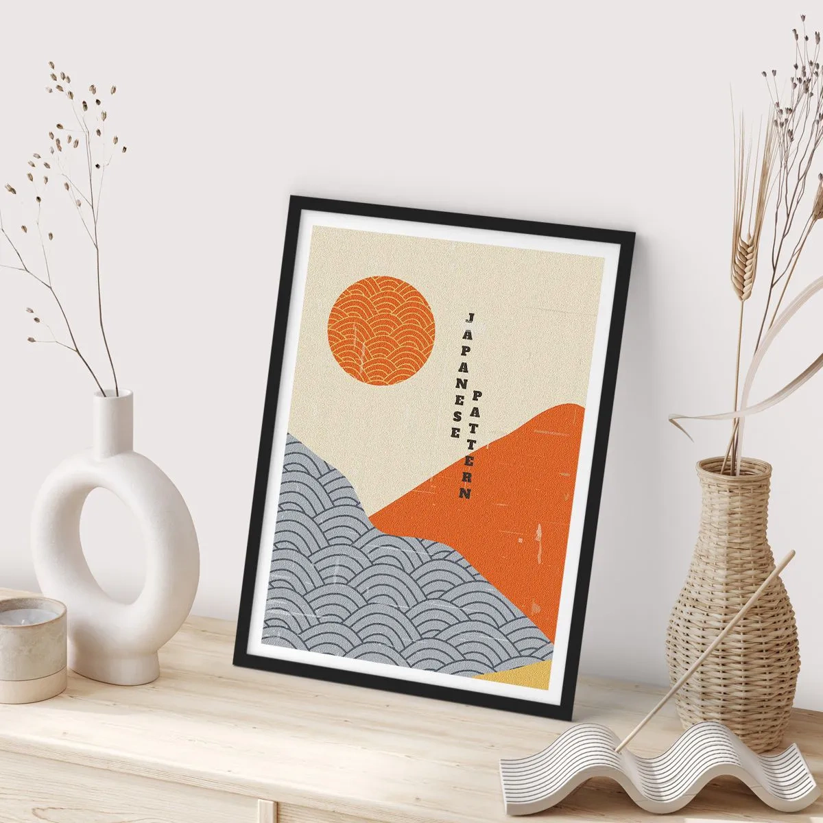 Poster in cornice nera - Motivo giapponese minimalista con onde e sole - 50x70cm - Spirito giapponese - Decorazione murale moderna per soggiorno e camera da letto ARTTOR