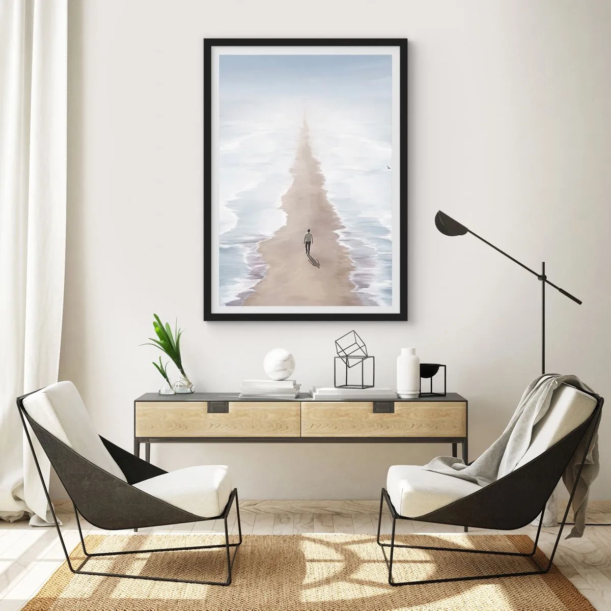 Poster in cornice nera - Una figura cammina da sola lungo un sentiero tra acque calme. - 50x70cm - Un futuro luminoso - Decorazione murale moderna per soggiorno e camera da letto ARTTOR