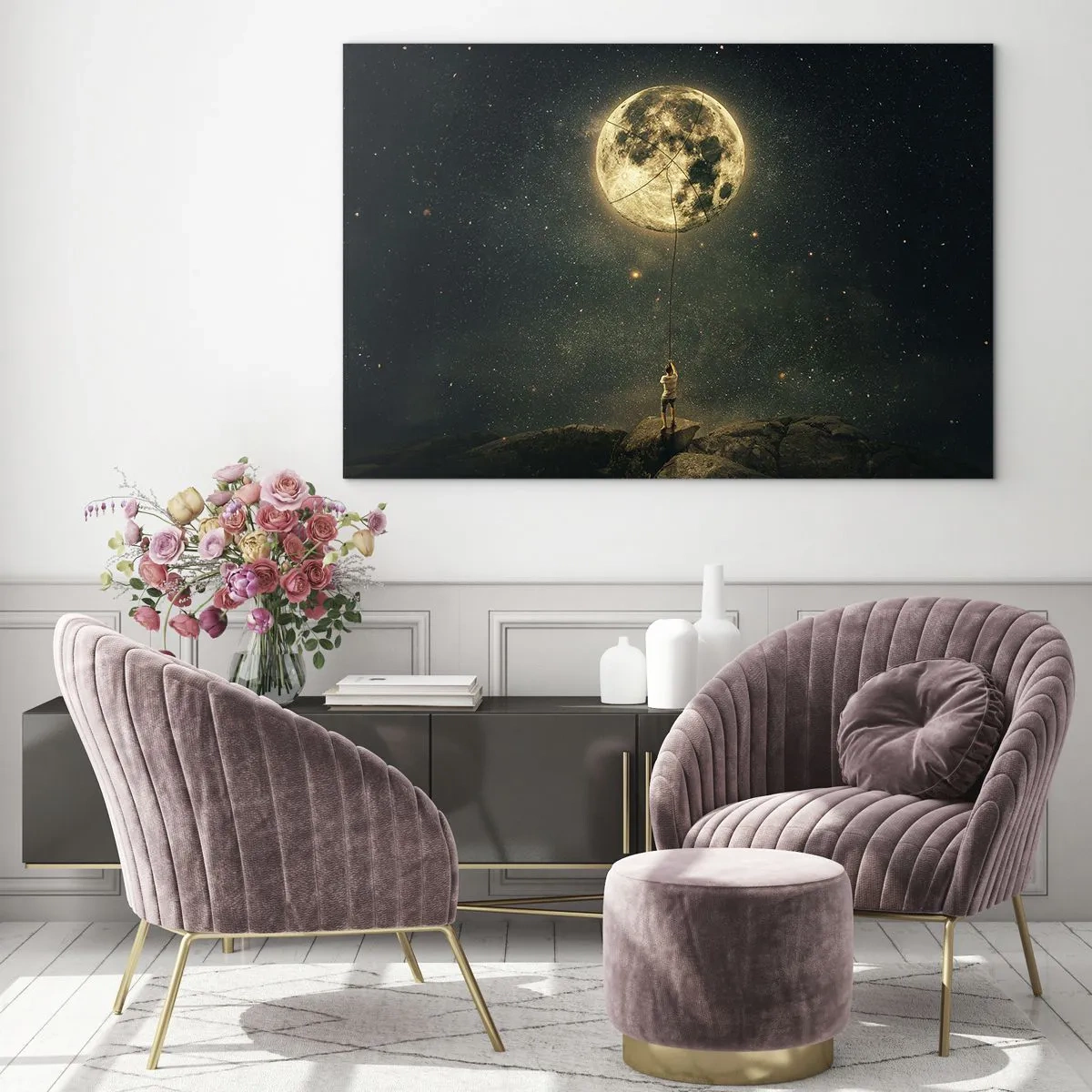 Quadro su vetro - Una figura su una roccia che tiene in mano la luna, intrappolata con una corda. - 70x50cm - Chi ha rubato la luna - Decorazione murale moderna per soggiorno e camera da letto ARTTOR