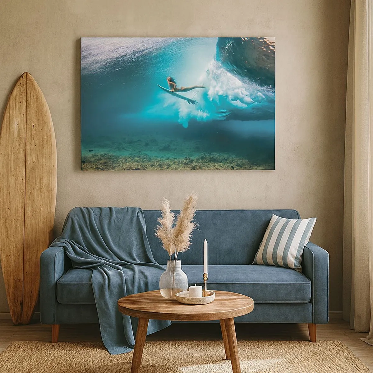 Quadro su tela - Stampe su Tela - Surfista sotto un'onda nell'acqua blu dell'oceano - 70x50cm - Mondo subacqueo - Decorazione murale moderna per soggiorno e camera da letto ARTTOR