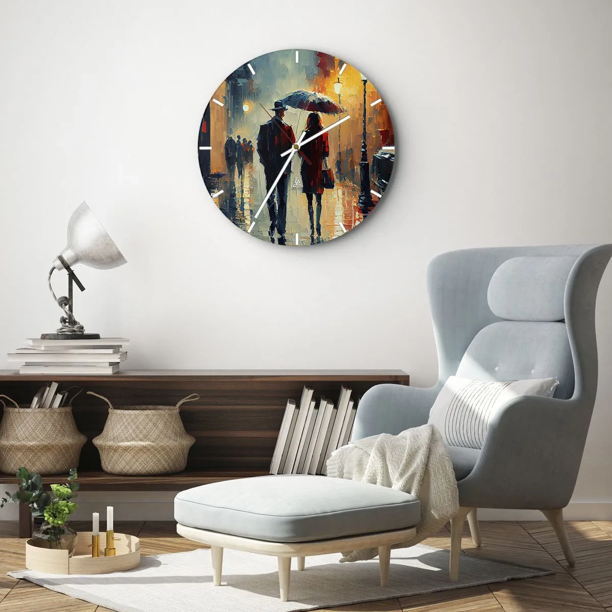 Orologio da parete - Orologio in Vetro - Una coppia sotto un ombrello in un ambiente urbano dipinto con una spatola - 30x30cm - Love story cittadina - Decorazione murale moderna per soggiorno, cucina e camera da letto ARTTOR