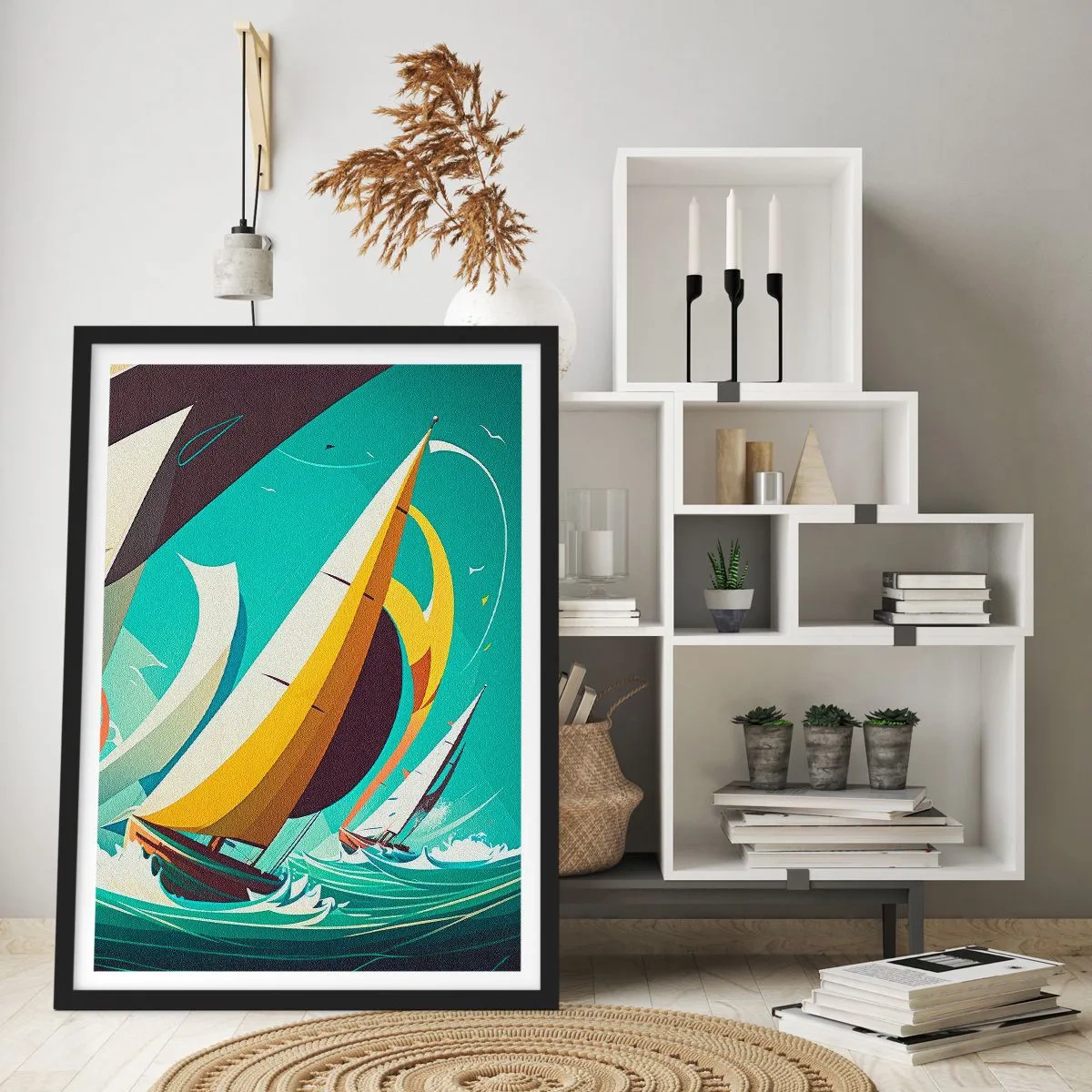 Poster in cornice nera - Regata velica astratta su un mare in tempesta - 50x70cm - Compagne degli elementi - Decorazione murale moderna per soggiorno e camera da letto ARTTOR