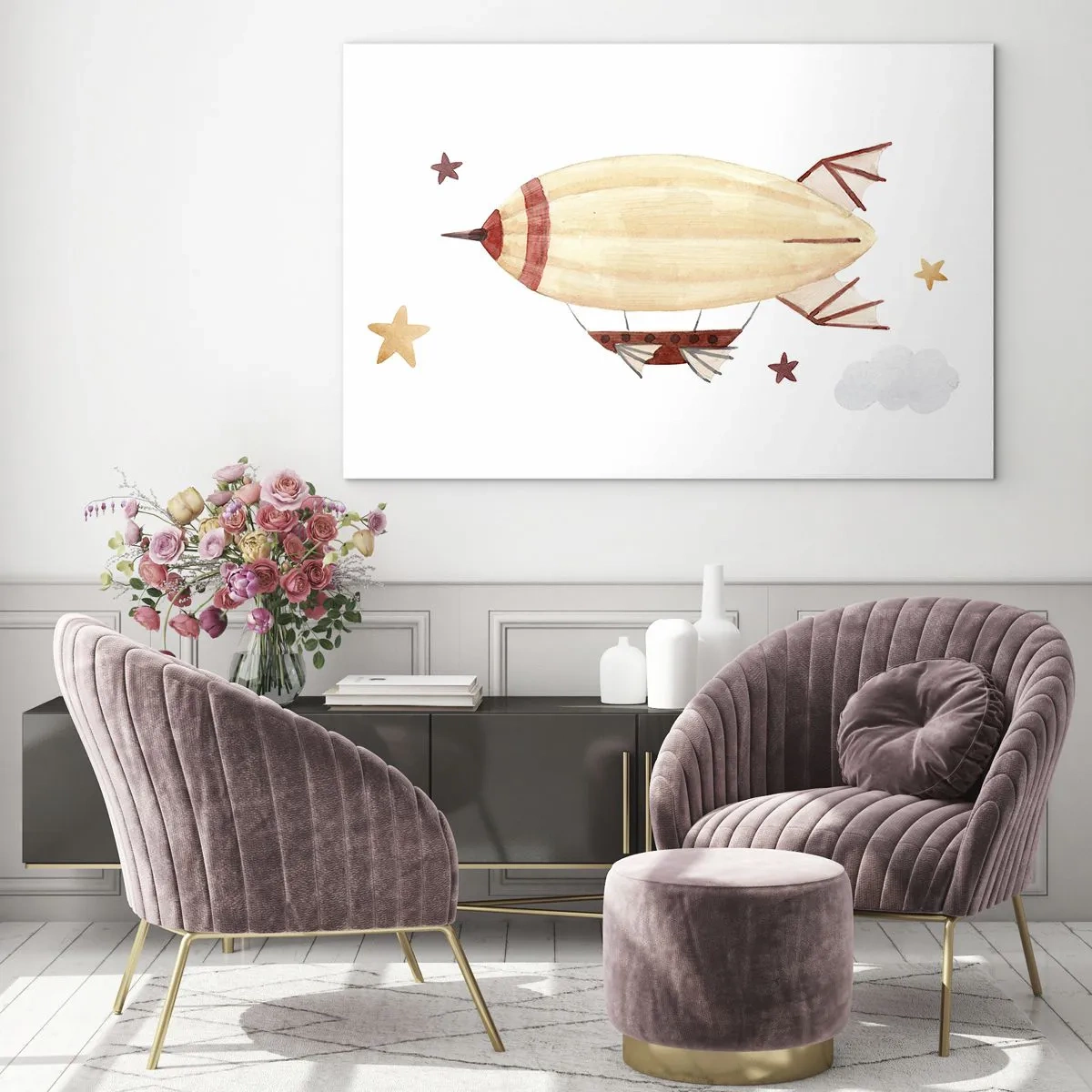 Quadro su vetro - Un dirigibile dei cartoni animati tra le stelle su uno sfondo bianco - 70x50cm - Nave volante - Decorazione murale moderna per soggiorno e camera da letto ARTTOR