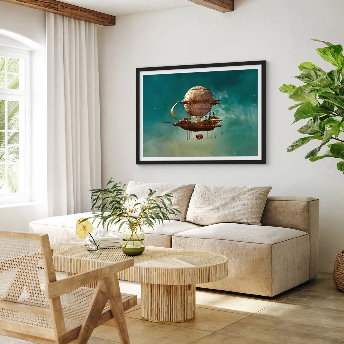 Poster in cornice nera - Un fantastico dirigibile contro il cielo verdastro - 70x50cm - Saluti da Jules Verne - Decorazione murale moderna per soggiorno e camera da letto ARTTOR