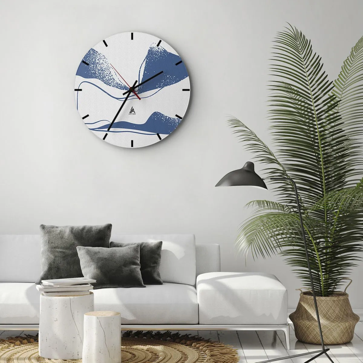 Orologio da parete - Orologio in Vetro - Astrazione grafica con ali blu su sfondo bianco - 30x30cm - Astrazione alata - Decorazione murale moderna per soggiorno, cucina e camera da letto ARTTOR