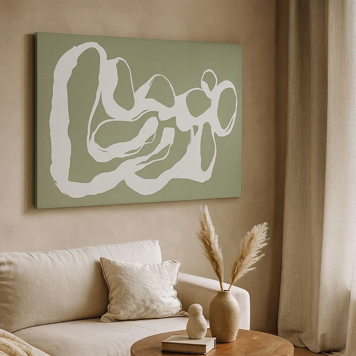 Quadro su tela - Stampe su Tela - Forme organiche in bianco su sfondo verde - 70x50cm - Il richiamo dello spazio - Decorazione murale moderna per soggiorno e camera da letto ARTTOR