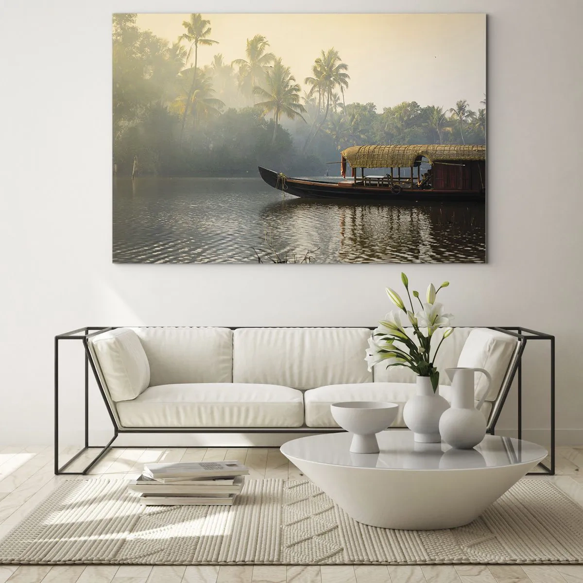 Quadro su vetro - Una barca su un fiume calmo circondata da palme al mattino - 70x50cm - Casa sul fiume - Decorazione murale moderna per soggiorno e camera da letto ARTTOR
