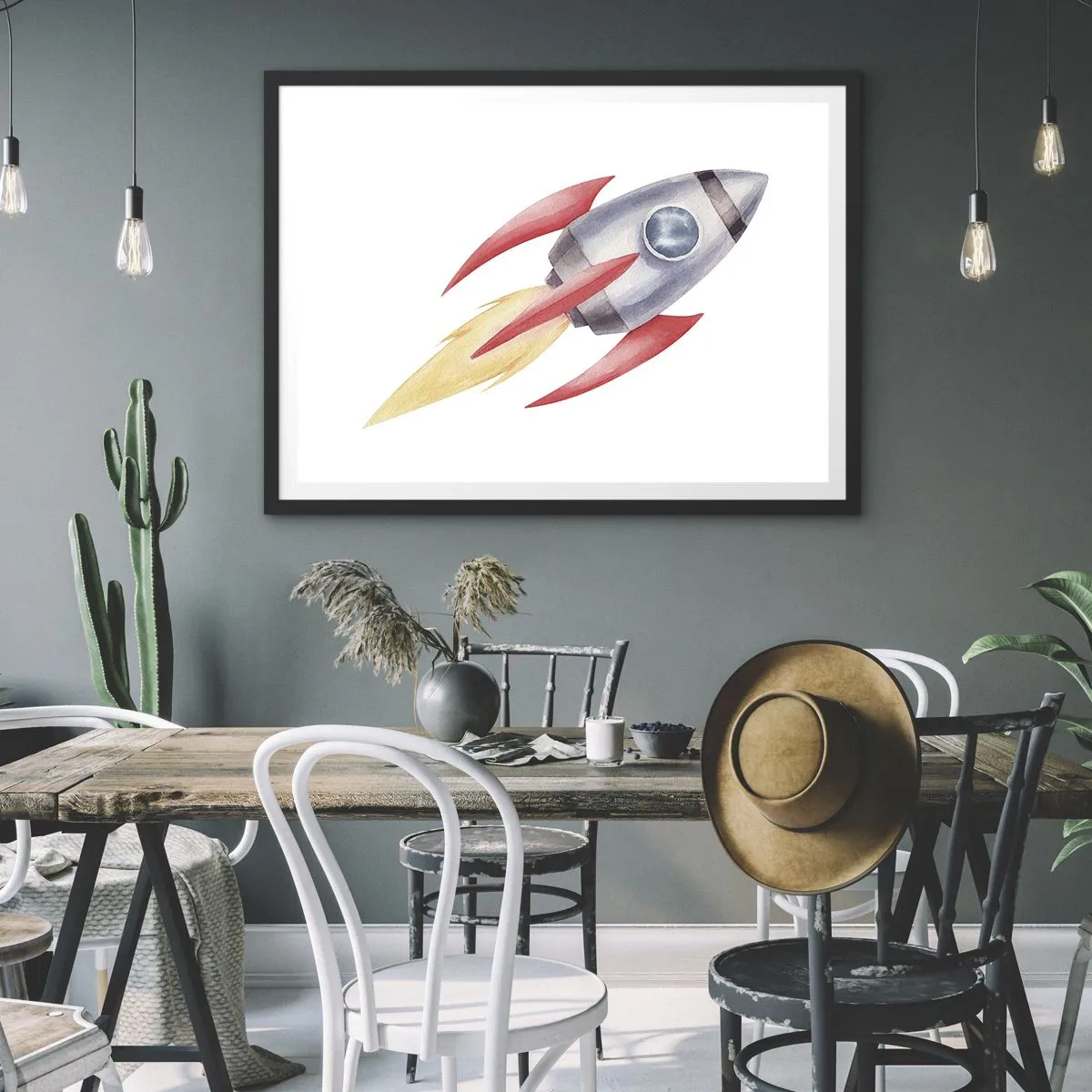 Poster in cornice nera - Razzo in stile acquerello su sfondo bianco - 70x50cm - Più in alto, più veloce, più lontano - Decorazione murale moderna per soggiorno e camera da letto ARTTOR