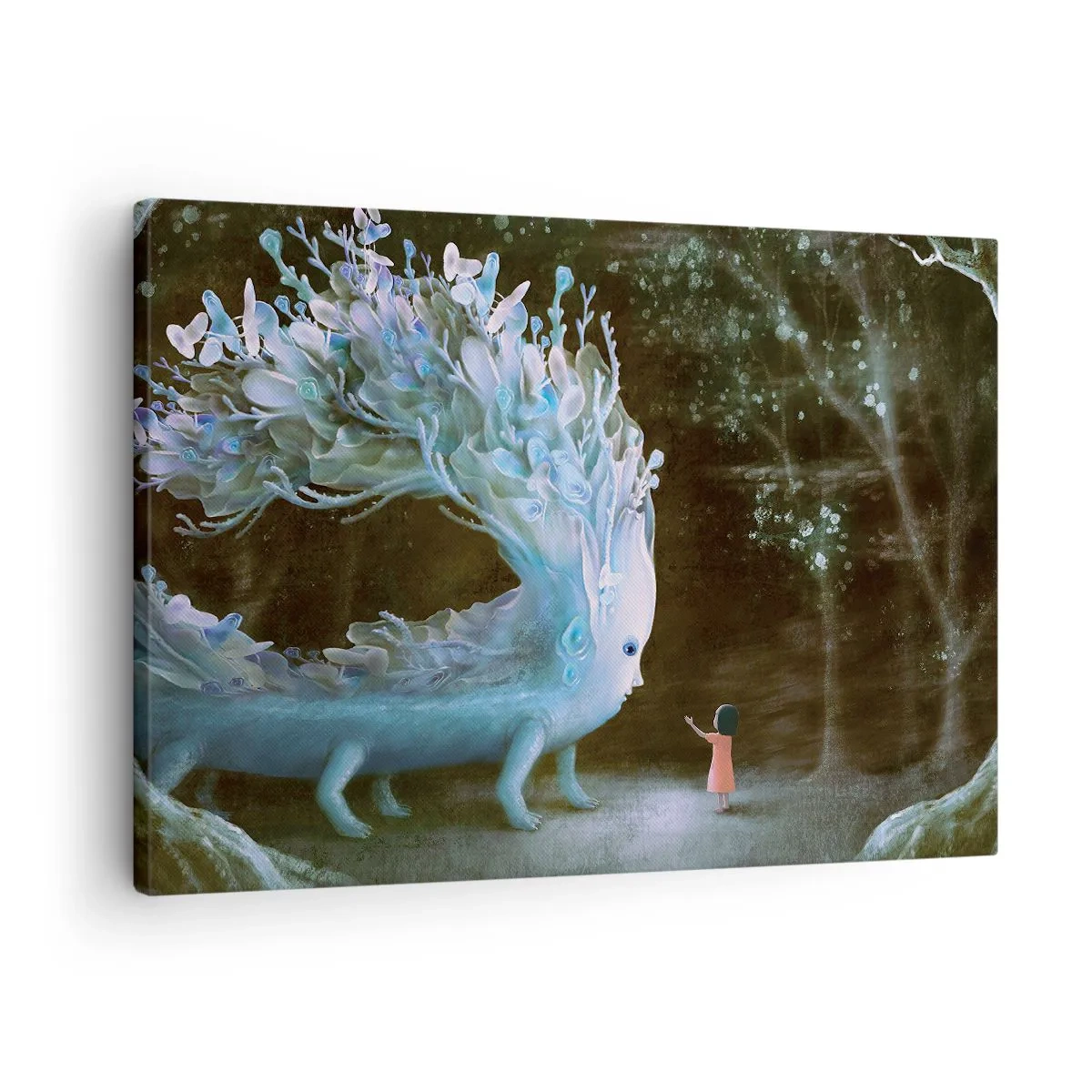 Quadro su tela - Stampe su Tela - La figura di una ragazza di fronte a una creatura fantastica - 70x50cm - Incontro fantastico - Decorazione murale moderna per soggiorno e camera da letto ARTTOR