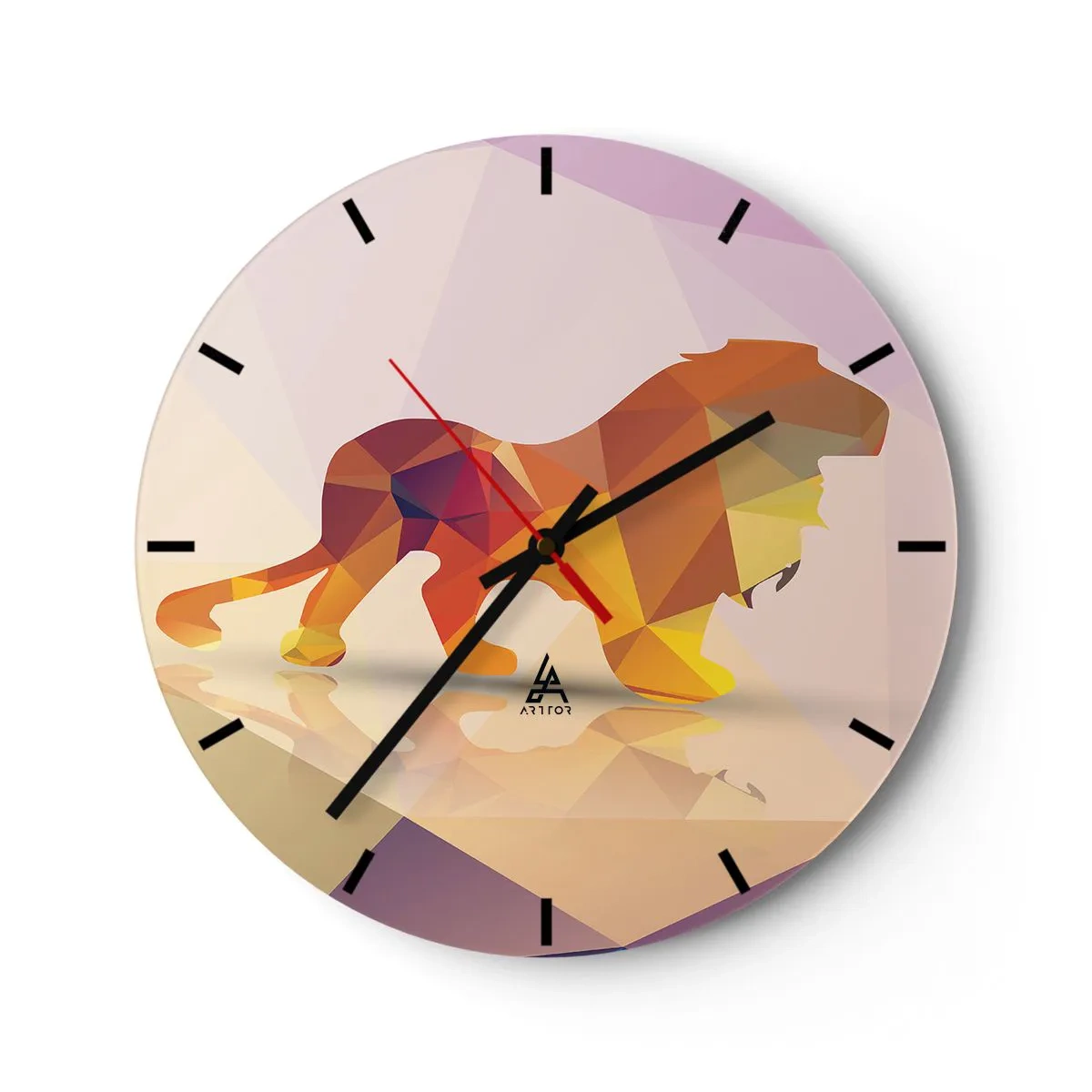 Orologio da parete - Orologio in Vetro - Leone geometrico nei toni del giallo e del viola - 30x30cm - Il re di diamante - Decorazione murale moderna per soggiorno, cucina e camera da letto ARTTOR