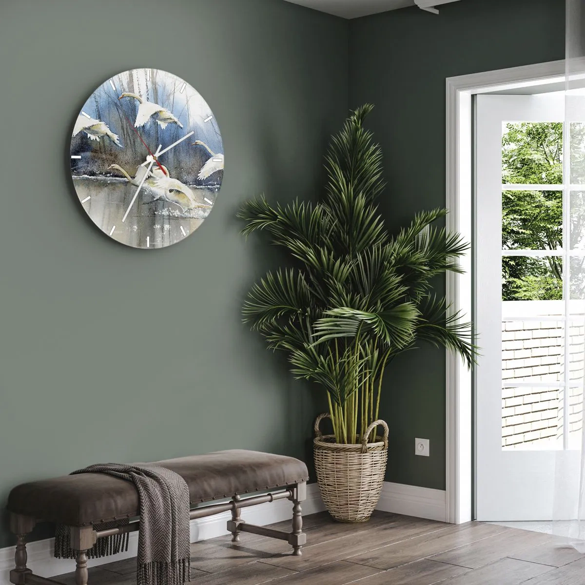 Orologio da parete - Orologio in Vetro - Cigni che volano dalla superficie del lago con la foresta sullo sfondo - 30x30cm - Come la favola dei cigni selvatici - Decorazione murale moderna per soggiorno, cucina e camera da letto ARTTOR