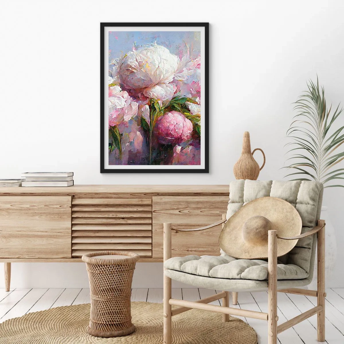 Poster in cornice nera - Peonie in una composizione romantica e pittorica - 50x70cm - Un bouquet pieno di vita - Decorazione murale moderna per soggiorno e camera da letto ARTTOR