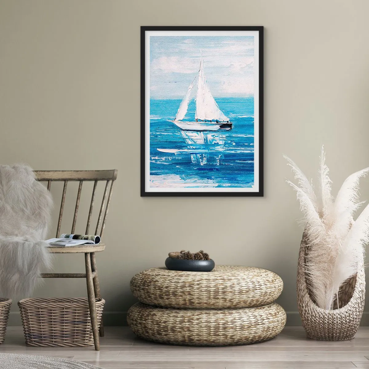 Poster in cornice nera - Uno yacht sul mare nei toni del blu - 50x70cm - Con un amico al fianco - Decorazione murale moderna per soggiorno e camera da letto ARTTOR