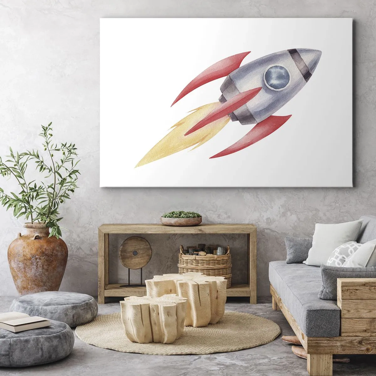 Quadro su tela - Stampe su Tela - Razzo in stile acquerello su sfondo bianco - 70x50cm - Più in alto, più veloce, più lontano - Decorazione murale moderna per soggiorno e camera da letto ARTTOR