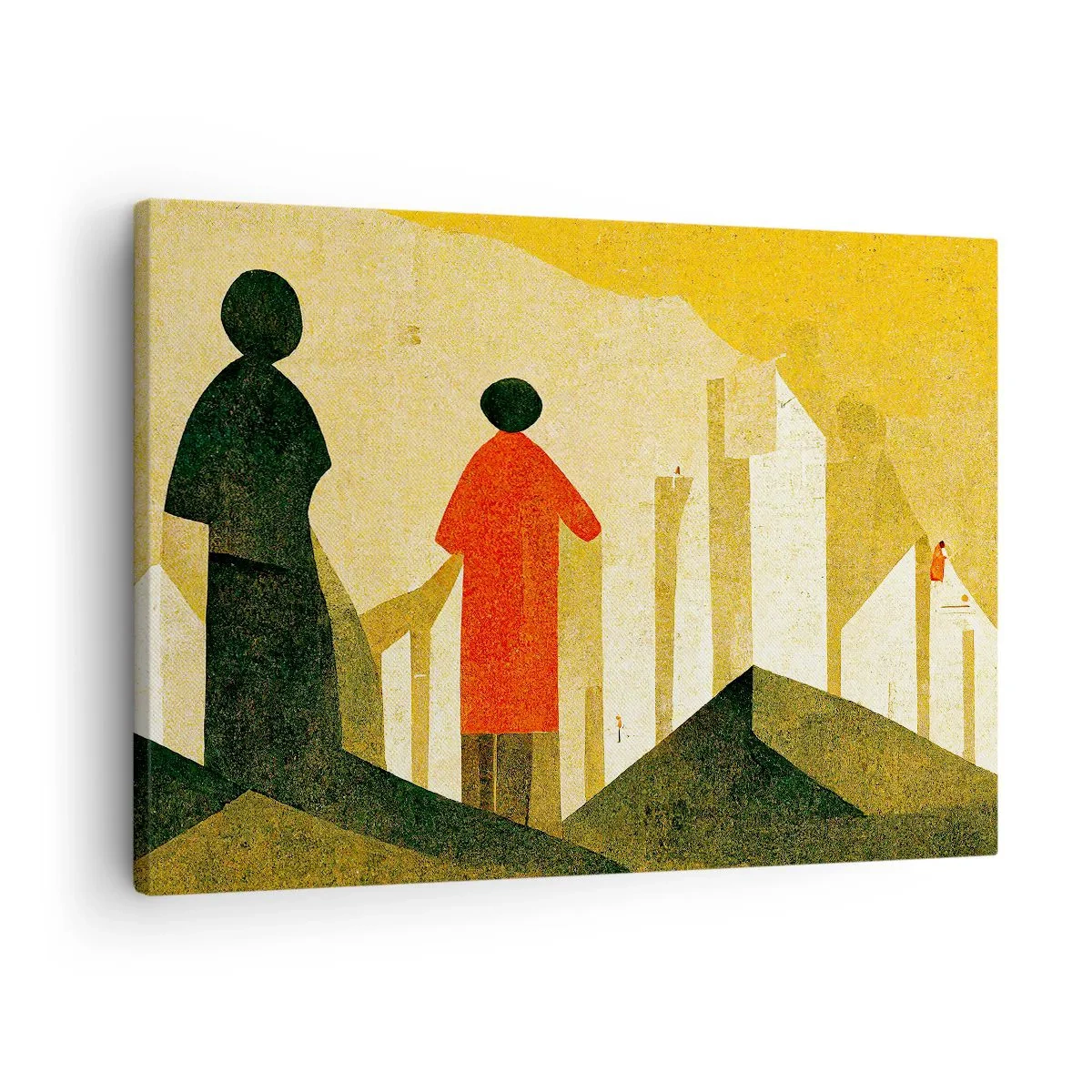 Quadro su tela - Stampe su Tela - Silhouette geometriche in rosso e verde su sfondo giallo - 70x50cm - La strada è ancora lunga - Decorazione murale moderna per soggiorno e camera da letto ARTTOR