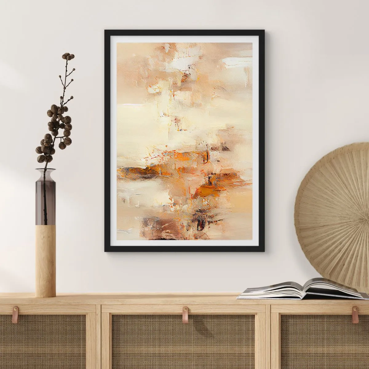 Poster in cornice nera - Una composizione astratta nelle calde tonalità del beige e dell'oro. - 50x70cm - L'anima dell'ambra - Decorazione murale moderna per soggiorno e camera da letto ARTTOR