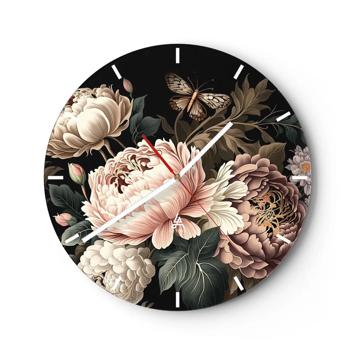 Orologio da parete - Orologio in Vetro - Peonie rosa e una farfalla su sfondo nero in stile classico - 30x30cm - In stile barocco - Decorazione murale moderna per soggiorno, cucina e camera da letto ARTTOR