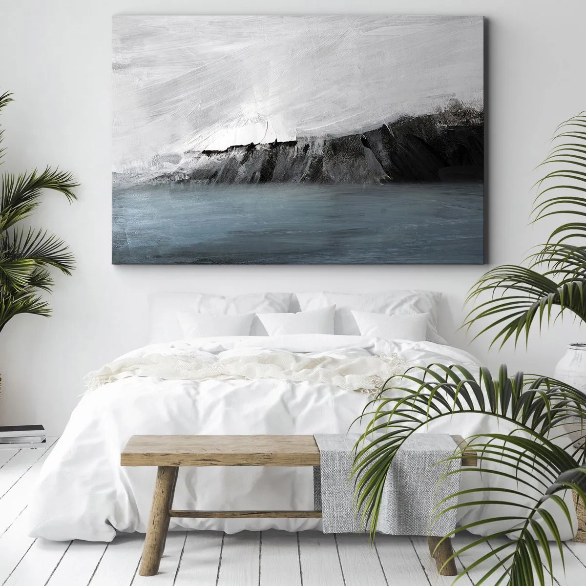 Quadro su tela - Stampe su Tela - Paesaggio astratto con acqua e una costa rocciosa - 70x50cm - Acqua-terra: lo scontro degli elementi - Decorazione murale moderna per soggiorno e camera da letto ARTTOR