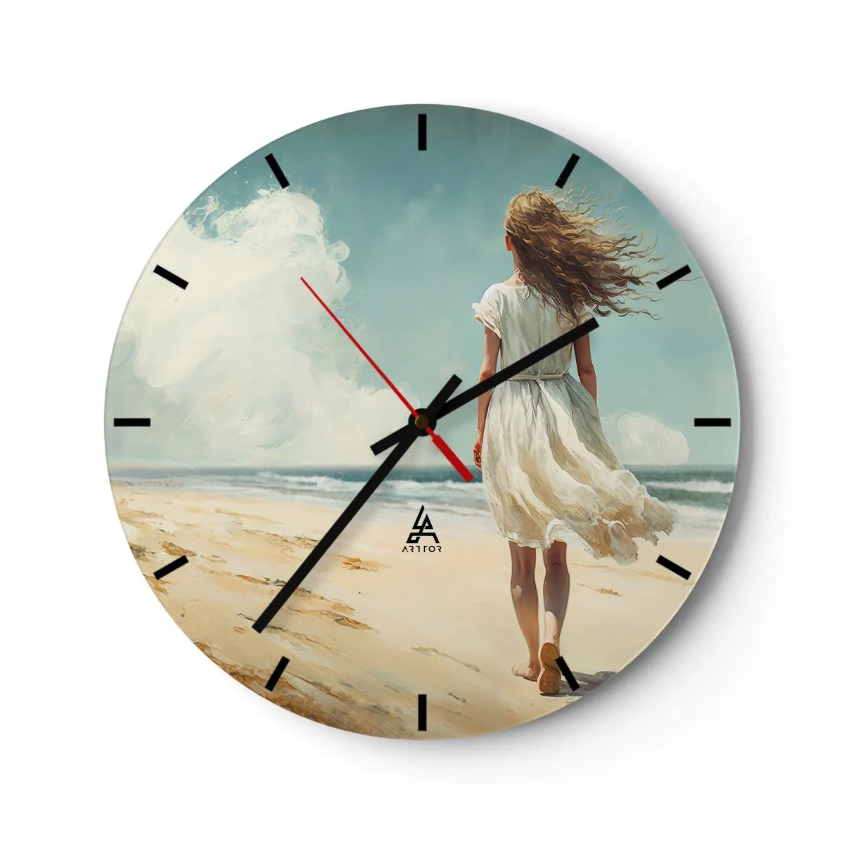 Orologio da parete - Orologio in Vetro - Una donna in abito bianco che cammina a piedi nudi sulla spiaggia - 30x30cm - Dove sole e vento si incontrano - Decorazione murale moderna per soggiorno, cucina e camera da letto ARTTOR