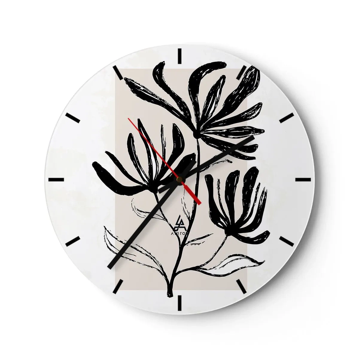 Orologio da parete - Orologio in Vetro - Uno schizzo nero di una pianta su uno sfondo chiaro con un accento beige. - 30x30cm - Uno schizzo per l'erbario - Decorazione murale moderna per soggiorno, cucina e camera da letto ARTTOR