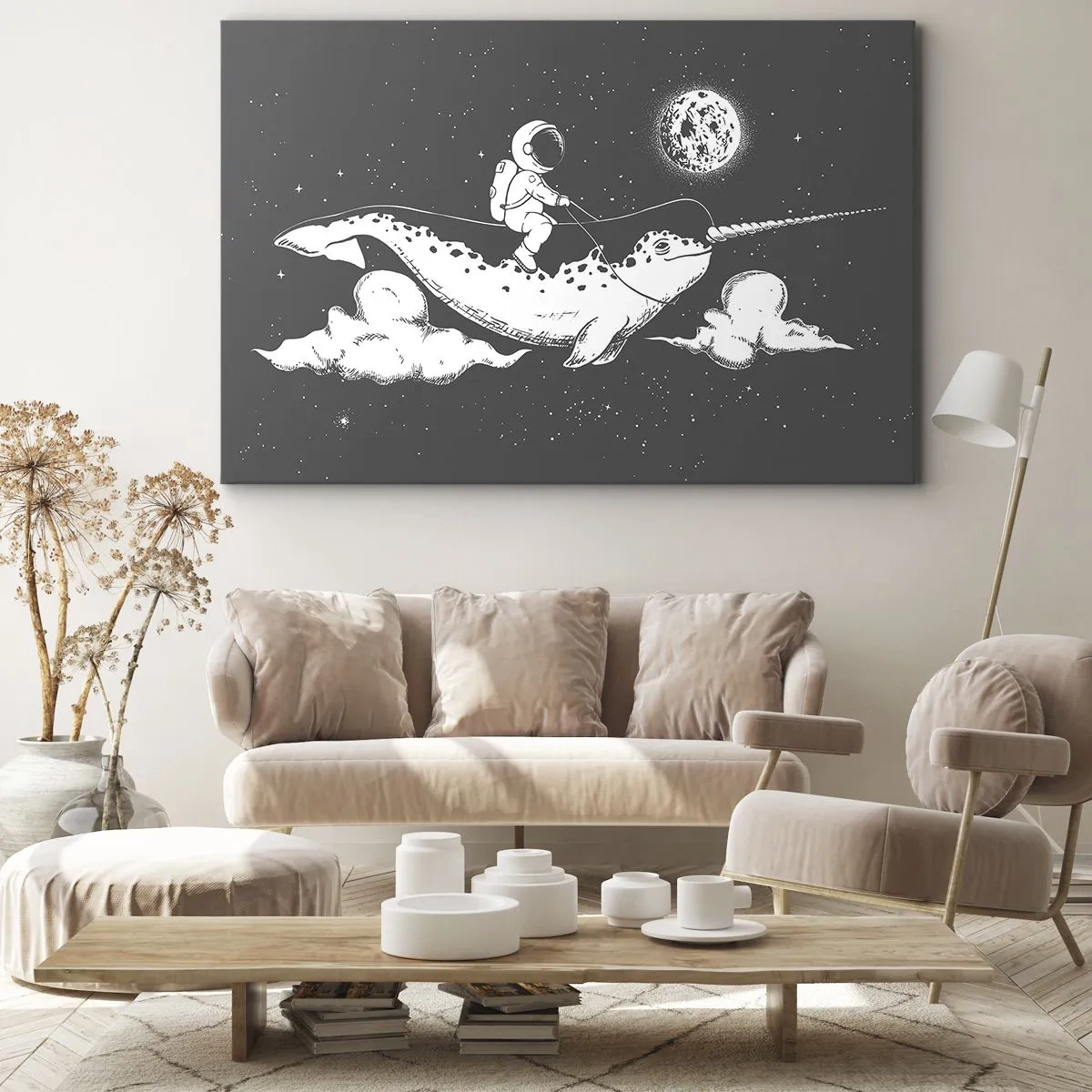 Quadro su tela - Stampe su Tela - Un astronauta sul dorso di un narvalo che fluttua in una scena spaziale. - 70x50cm - Il cavaliere dello spazio - Decorazione murale moderna per soggiorno e camera da letto ARTTOR