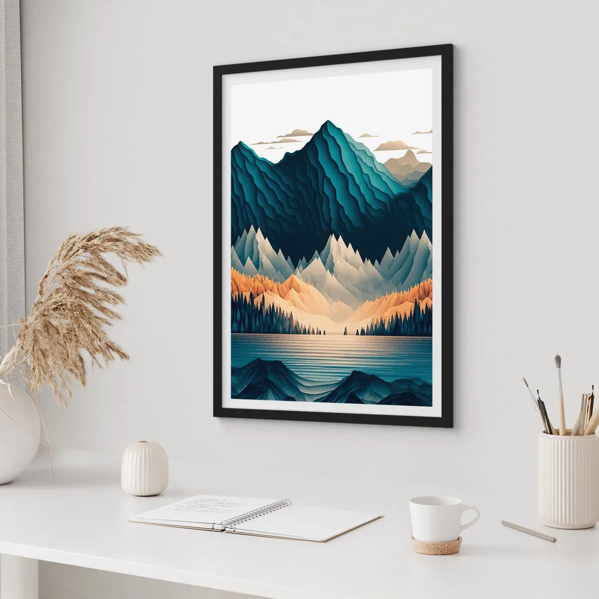 Poster in cornice nera - Paesaggio montano stilizzato con un lago nei toni del blu - 50x70cm - Perfetto paesaggio montano - Decorazione murale moderna per soggiorno e camera da letto ARTTOR