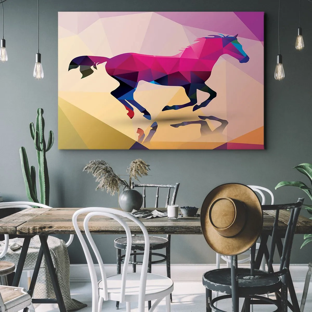 Quadro su tela - Stampe su Tela - Silhouette geometrica di un cavallo al galoppo in colori vivaci - 70x50cm - Il cubismo è sempre vivo - Decorazione murale moderna per soggiorno e camera da letto ARTTOR