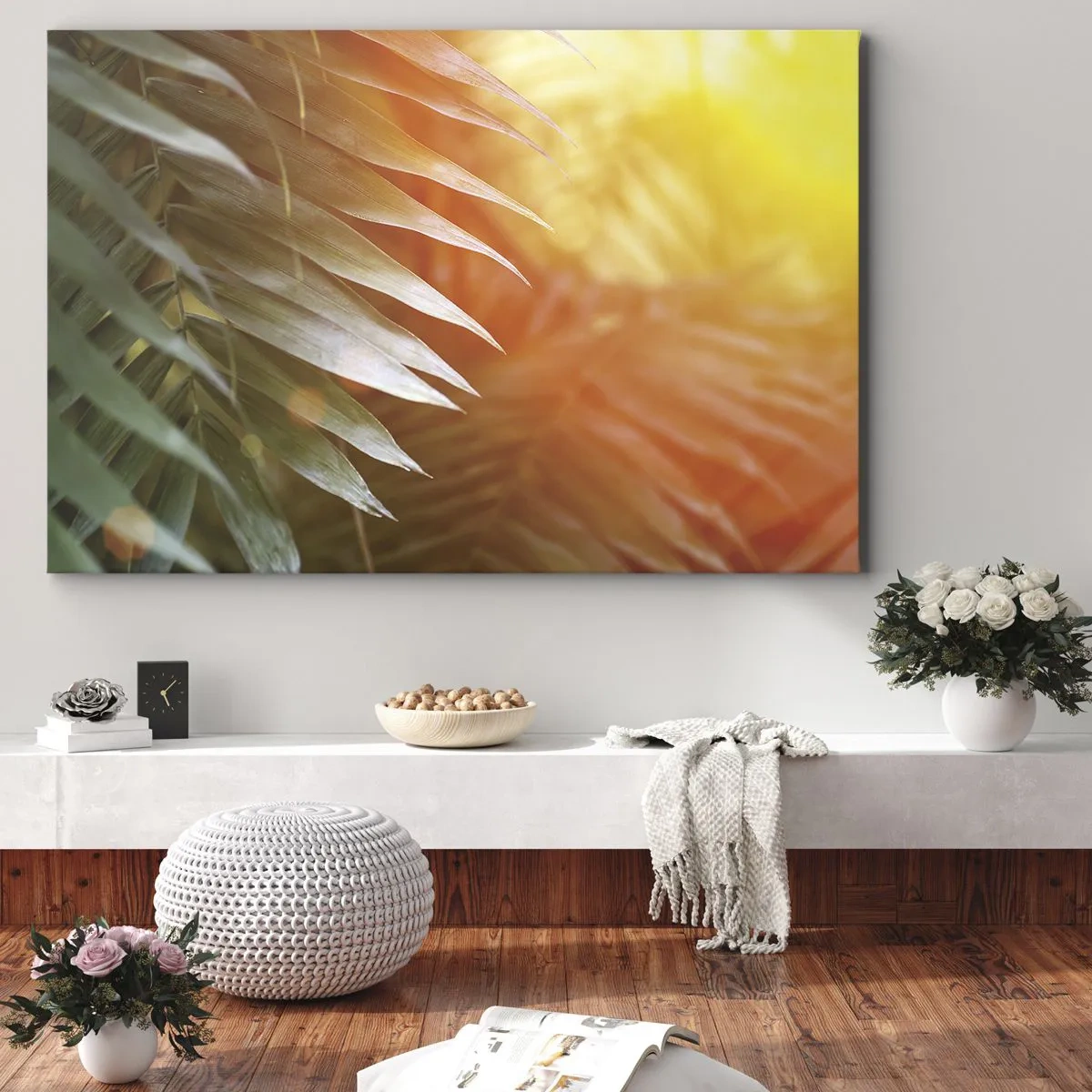 Quadro su tela - Stampe su Tela - Foglie di palma nei raggi del tramonto - 70x50cm - L'alba nella giungla - Decorazione murale moderna per soggiorno e camera da letto ARTTOR