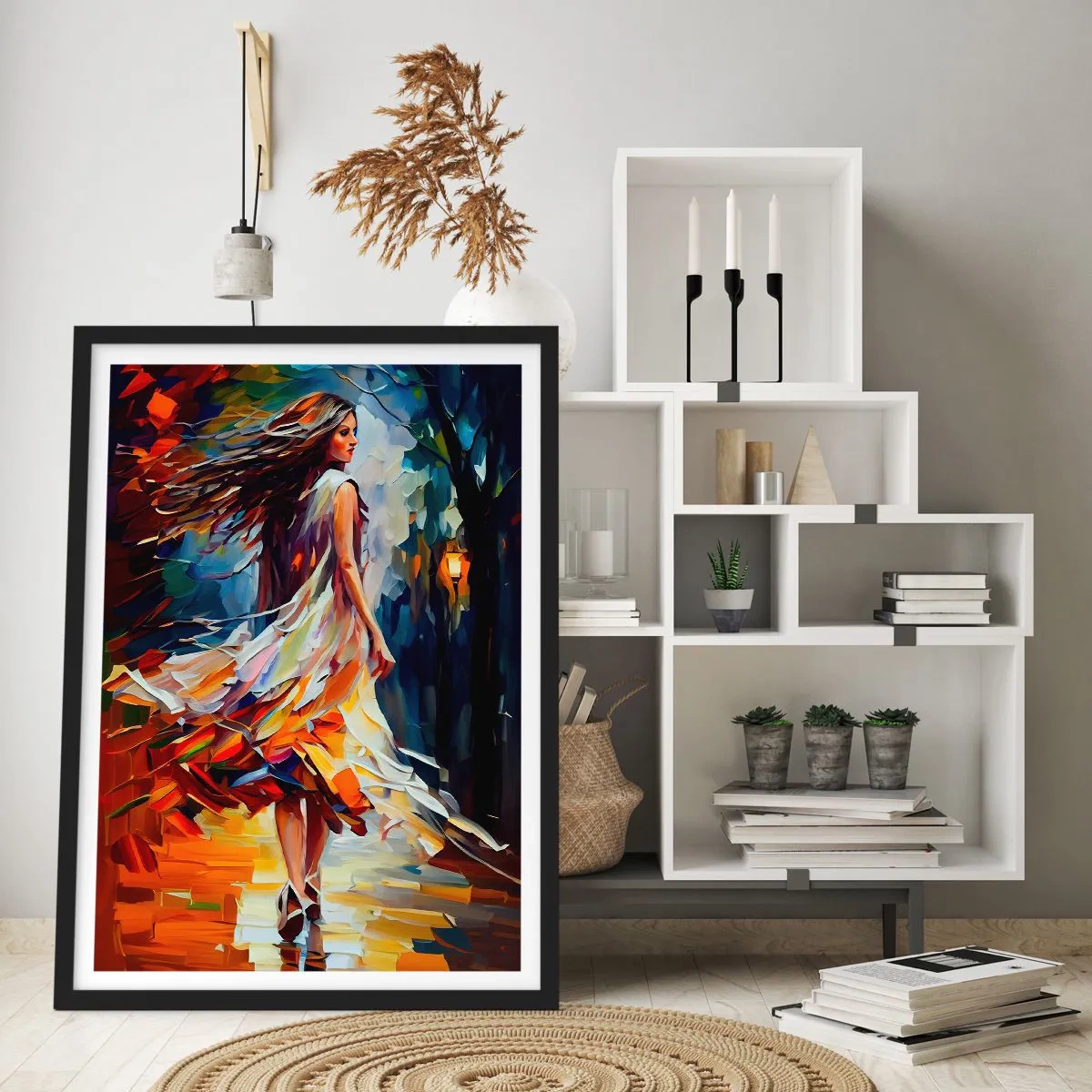 Poster in cornice nera - Una donna che balla tra le foglie autunnali colorate - 50x70cm - Ragazza d'autunno - Decorazione murale moderna per soggiorno e camera da letto ARTTOR