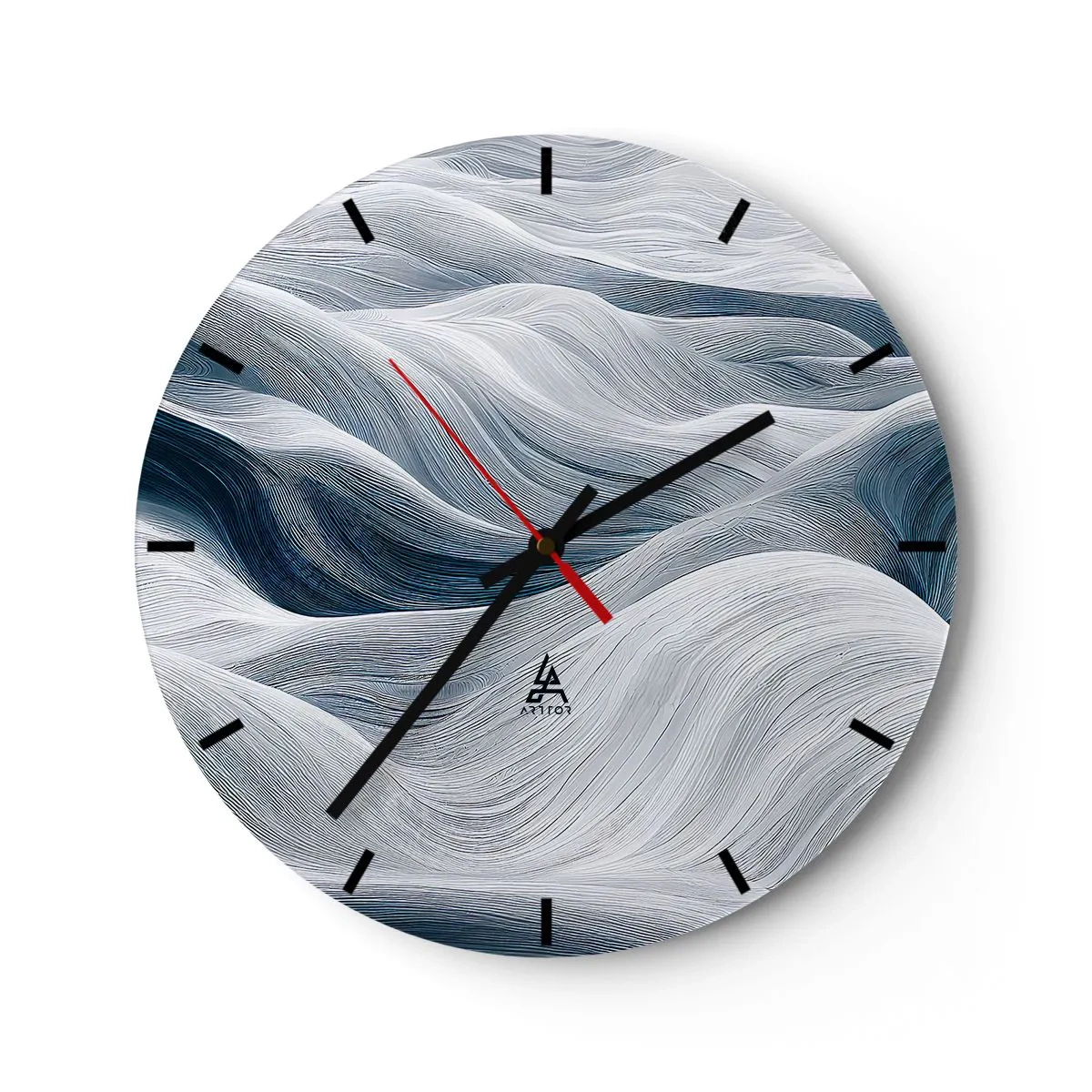 Orologio da parete - Orologio in Vetro - Linee grafiche e ondulate nei toni del bianco e del blu - 30x30cm - Onde bianche e blu - Decorazione murale moderna per soggiorno, cucina e camera da letto ARTTOR